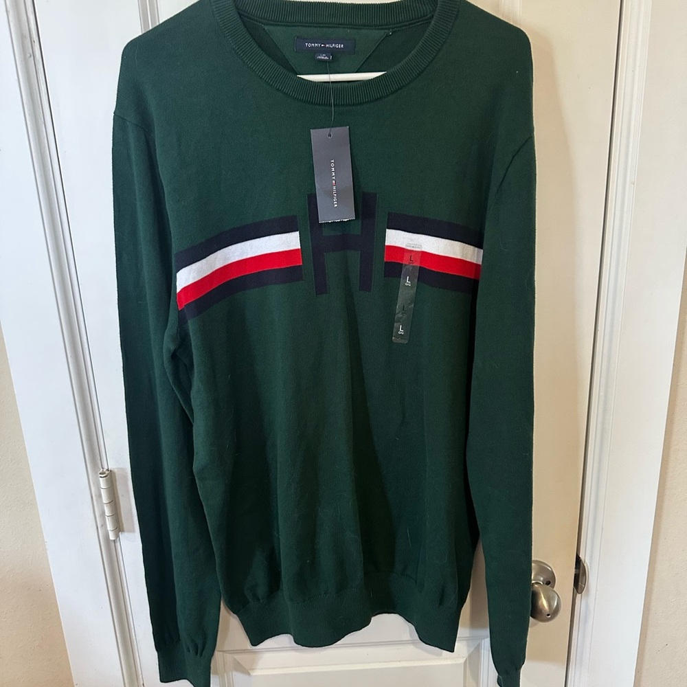 Tommy Hilfiger Dark Green Crewneck Sweater with Tricolor Stripe